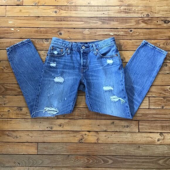 Levis 501 Blue Jeans Distressed ripped 100% cotton denim button fly straight 25 - Picture 10 of 14